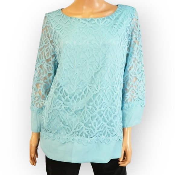 Charter Club Women 3/4 Sleeve Blue Chiffon hem Lace Blouse Top XXL - Picture 1 of 9
